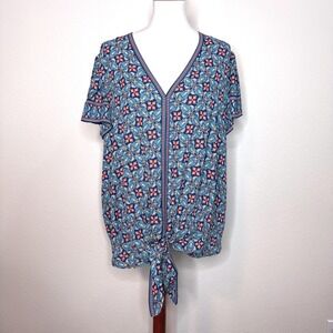 MAX STUDIO NWT Popover Short Flutter Sleeve‎ Top 3X Front Tie at Hem Blue Pink